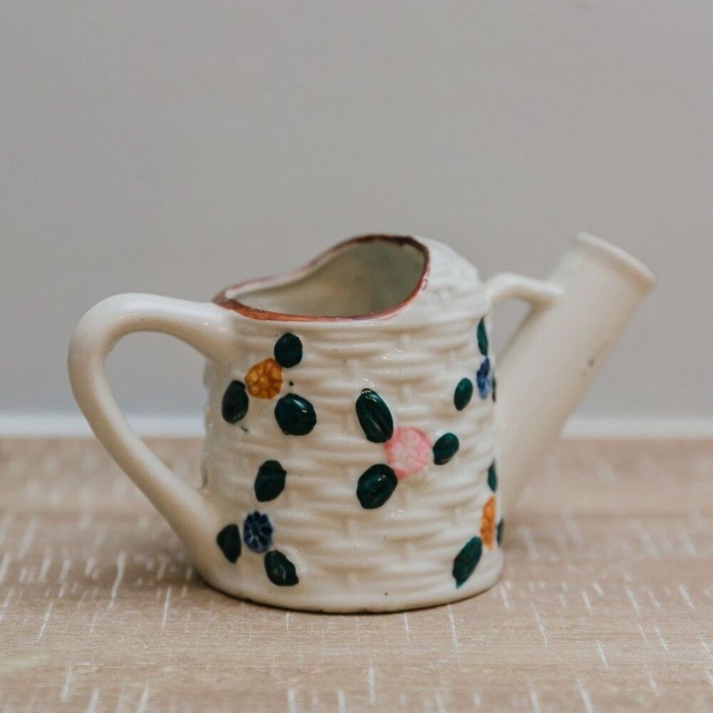 Vintage 1950s NASCO Japan Watering Can Creamer Hand Painted Floral Basketweave
